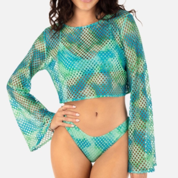 NWT women's Color Wash Mesh Long Sleeve Crop Top in Sky NWT - Picture 1 of 2